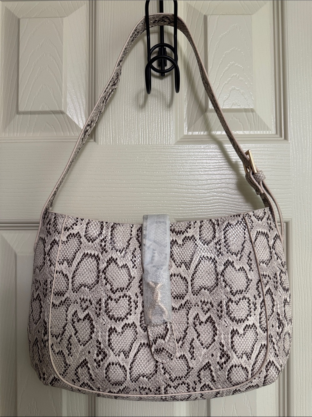 Snake-Print Shoulder Bag in Light Taupe